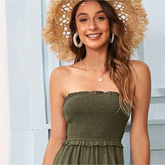 Frill Trim Shirred Bodice Tube Jumpsuit - Picture 2 of 7